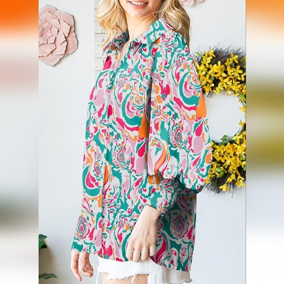 Women's Aqua/Pink Modern Abstract Paisley Print Loose Blouse w/Long Sleeves-XXL - Picture 3 of 9